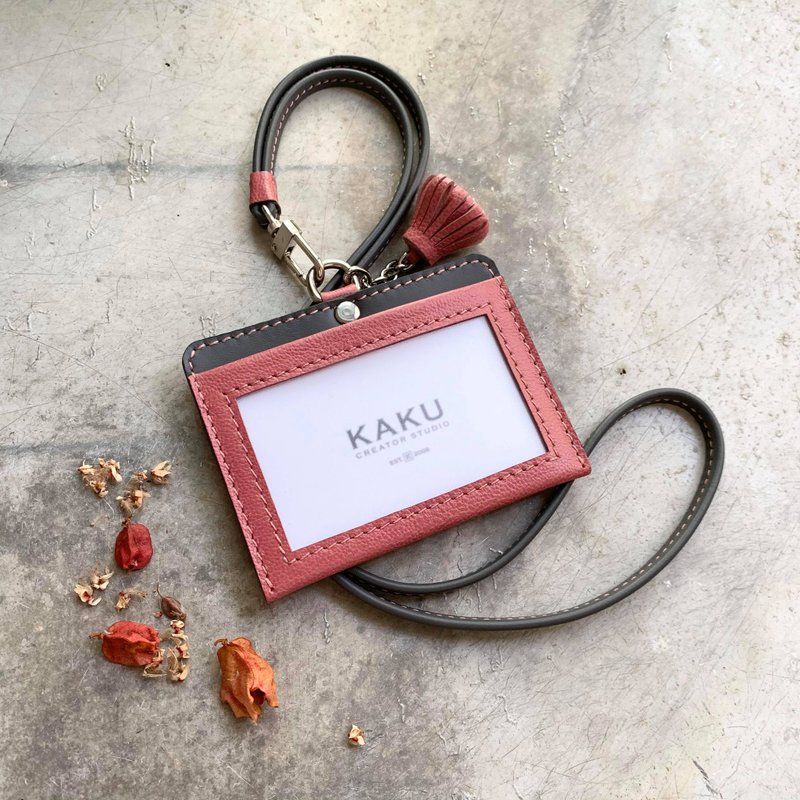 ID Sleeve Card Dry Rose/Grey Customized Gift - ที่ใส่บัตรคล้องคอ - หนังแท้ สึชมพู