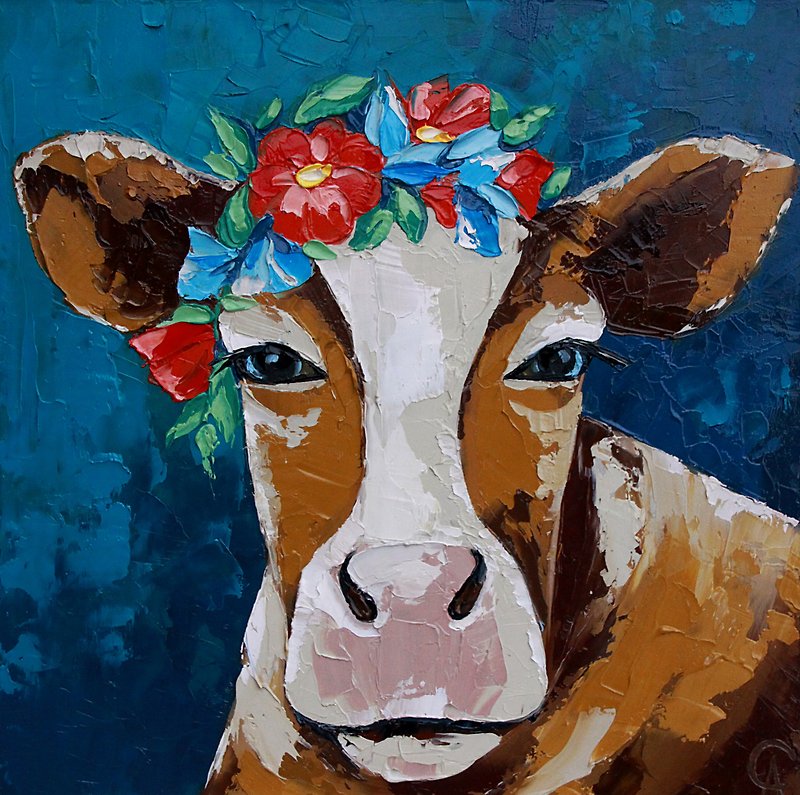 Cow Painting Farm Animal Original Art Small Oil Artwork 25 by 25 cm - โปสเตอร์ - วัสดุอื่นๆ สีน้ำเงิน