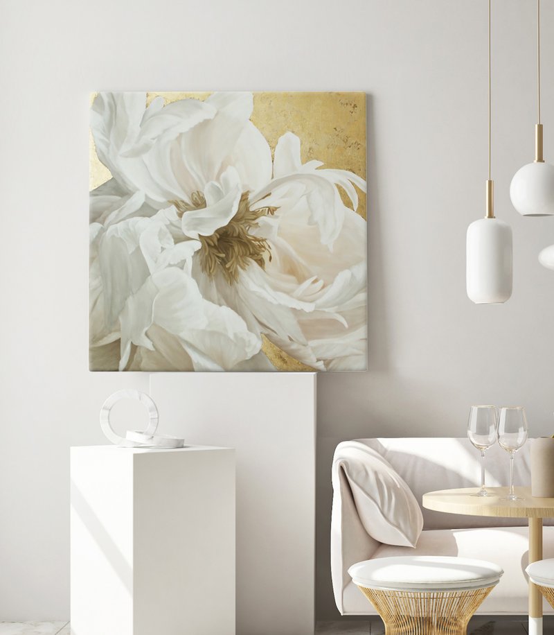 White Gold Painting |  White Gold Abstract | White Gold Art | Silk Flowers 3 - 壁貼/牆壁裝飾 - 棉．麻 金色
