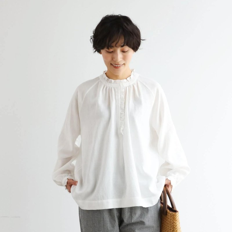 品ありフリルブラウス　長袖ブラウス　コットンリネン　ホワイト　250418-1 - 女襯衫 - 棉．麻 