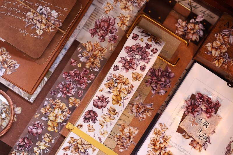 Bougainvillea Light Retro Tea Brown Floral Washi & PET Journaling Tape - มาสกิ้งเทป - วัสดุอื่นๆ หลากหลายสี