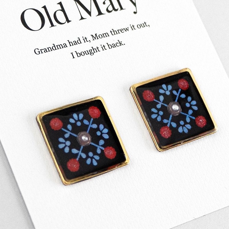 Handmade earrings | Chloris retro small tiles | 925 sterling silver anti-allergic - ต่างหู - เรซิน สีดำ