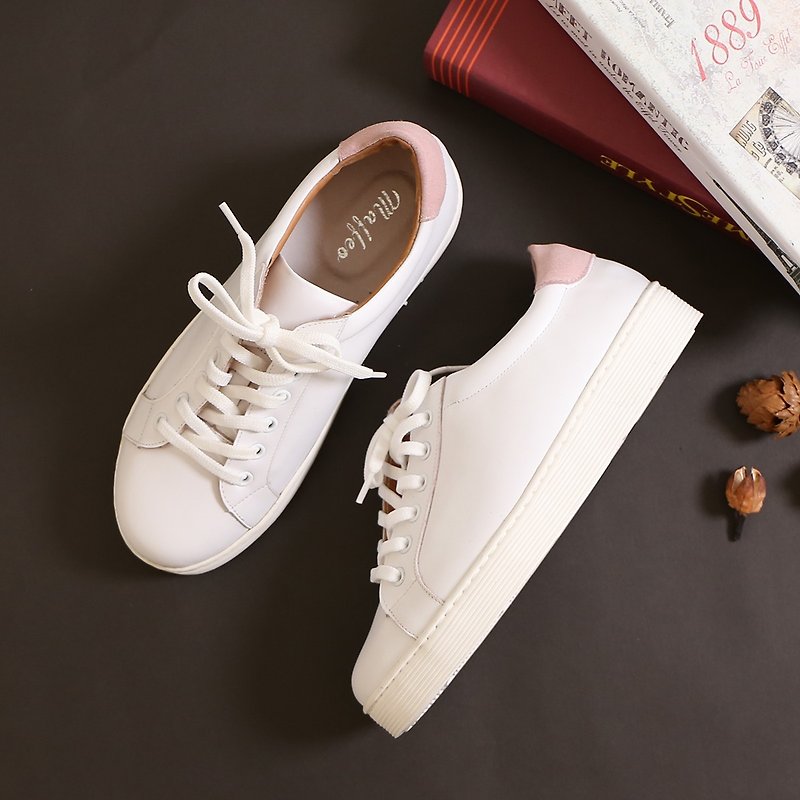 Small white shoes second generation floating cotton candy fat anti-foam foam 360 degree splash-proof leather high white shoes - รองเท้าลำลองผู้หญิง - หนังแท้ ขาว