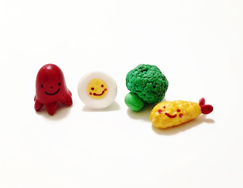 Small octopus sausage and his little food friends earring set (a set of 4) (can be changed to the Clip-On type) ((randomly give a mysterious gift for over 600) - Earrings & Clip-ons - Clay Multicolor