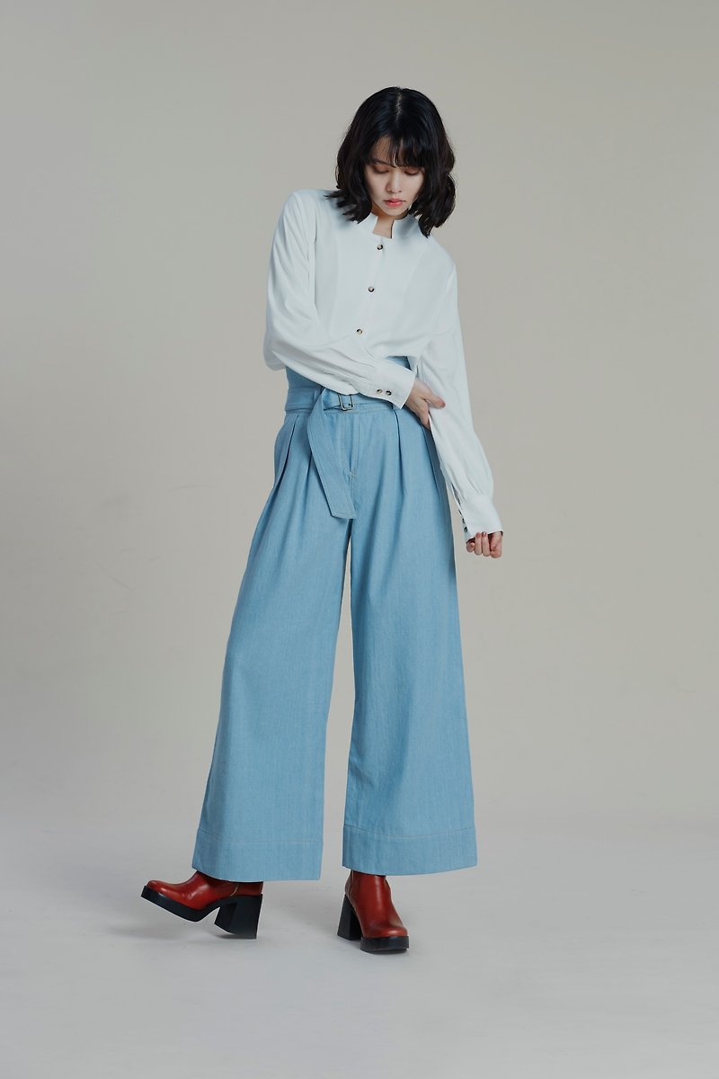 Shan Yong High Waist Denim Wide Pants - กางเกงขายาว - ผ้าฝ้าย/ผ้าลินิน 