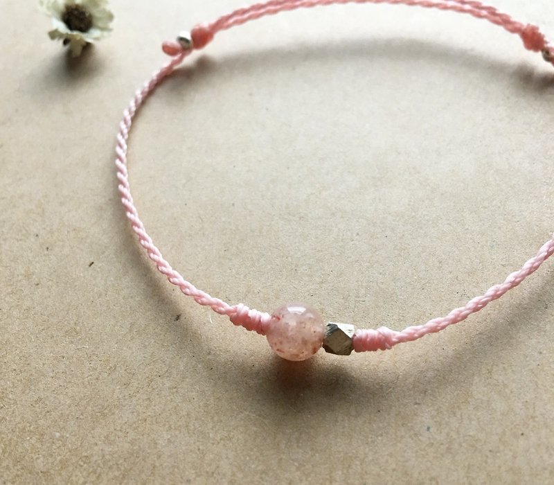 Strawberry crystal natural stone sterling silver bracelet Brazil Wax thread Japanese Wax thread braided thin bracelet - Bracelets - Stone Pink
