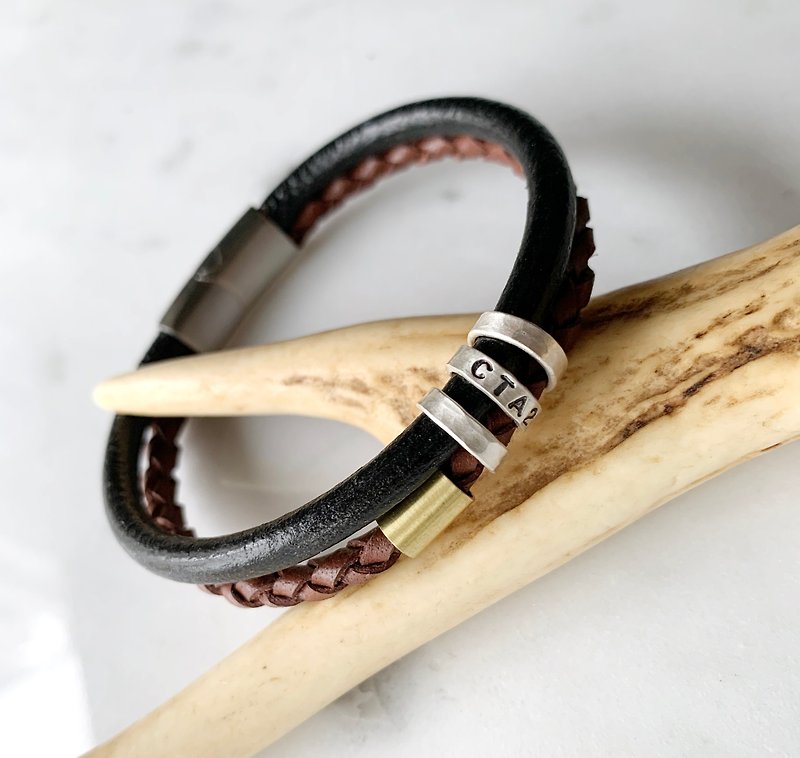 Leather weave and sterling silver segment knock bracelet - Bracelets - Sterling Silver Black