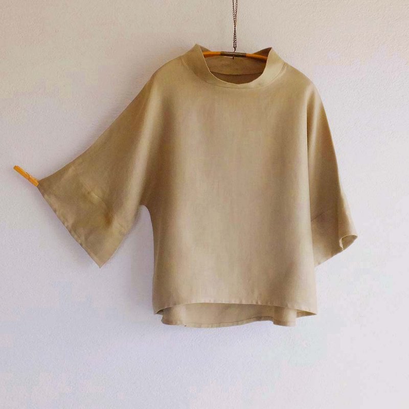 French linen tops　three quarter sleeve　Flax color - เสื้อผู้หญิง - ผ้าฝ้าย/ผ้าลินิน สีทอง