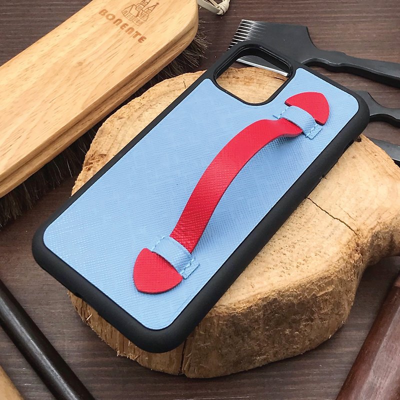 【iPhone Case W/Handle】Light Blue Saffiano | Shockproof | Handmade Leather in HK - Phone Cases - Genuine Leather Blue