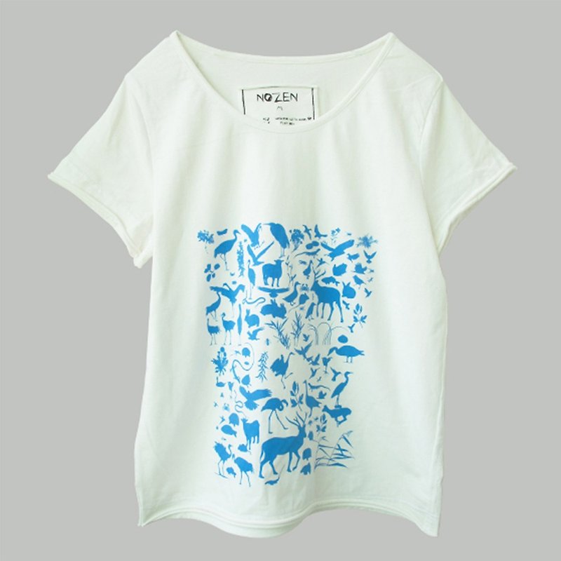 White blue water printed cotton casual short-sleeved T-shirt - เสื้อยืดผู้หญิง - ผ้าฝ้าย/ผ้าลินิน 