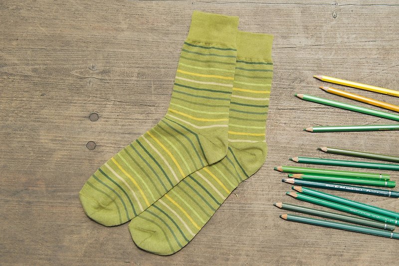 Lin Guoliang pen striped gentleman socks jungle green - Dress Socks - Cotton & Hemp Green