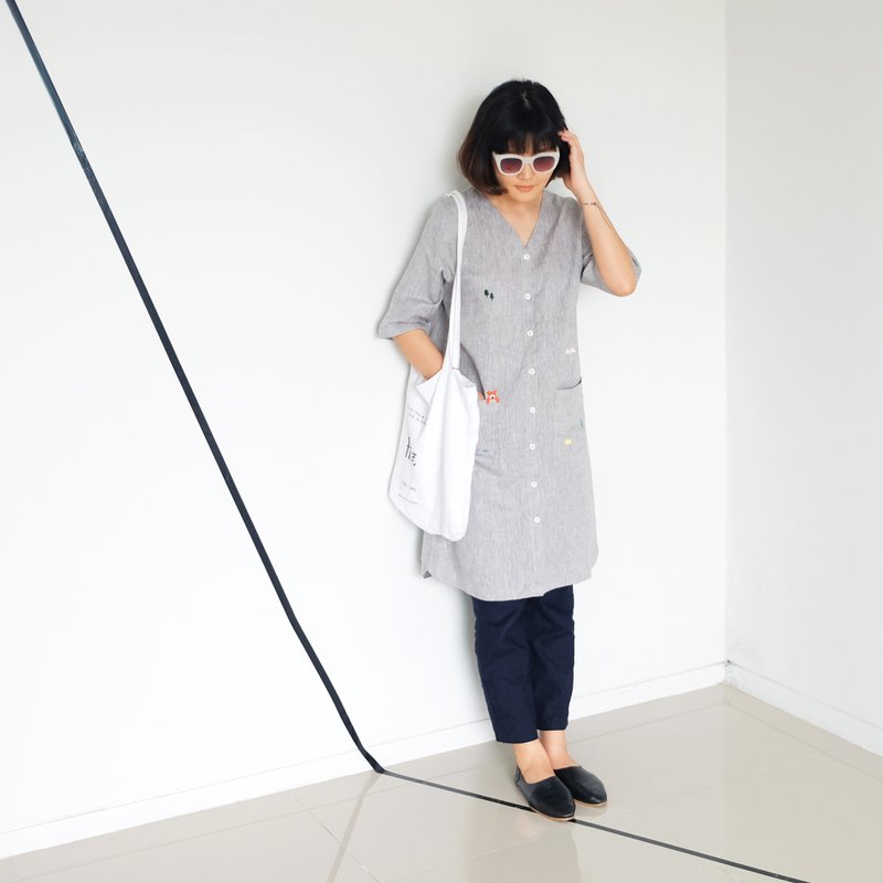 Vee Pocket Dress - Grey Stone - 洋裝/連身裙 - 棉．麻 灰色