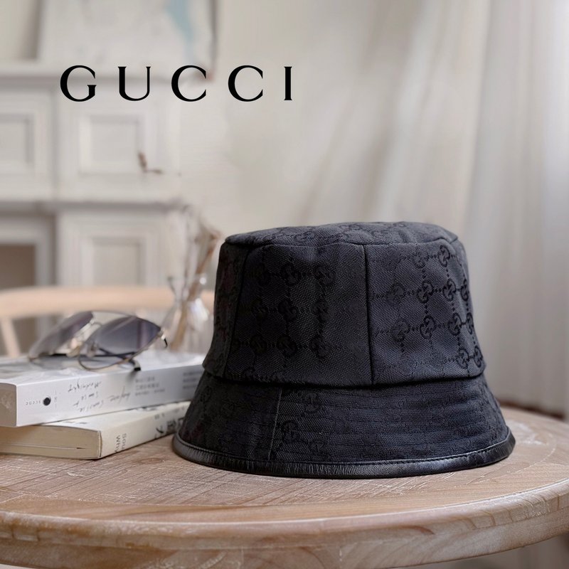極美品 GUCCI vintage GG 黑色帆布拼接漁夫帽 - 帽子 - 棉．麻 黑色