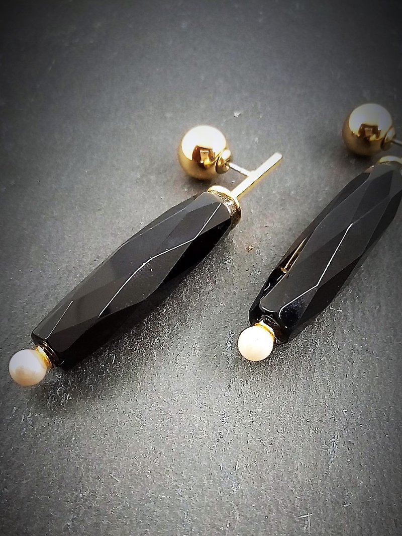 freeshipping Black Onyx long earrings - Earrings & Clip-ons - Other Metals Black
