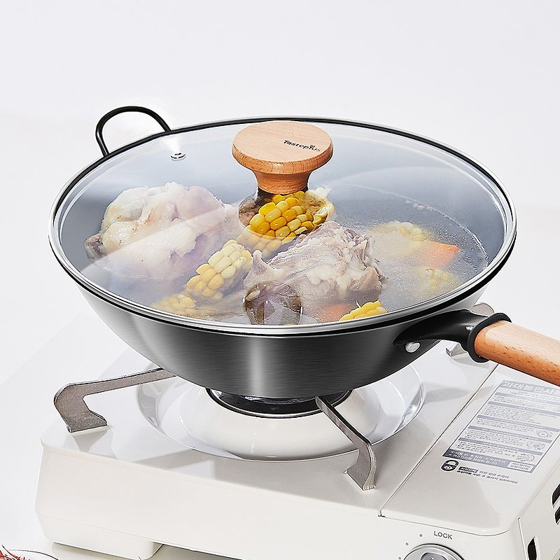 【Taste Plus】Yuewei Yuantie sulfated iron Chinese wok 34cm (free glass lid) - Pots & Pans - Other Metals 
