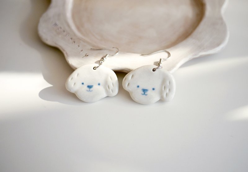 Dog face face white porcelain earrings - Earrings & Clip-ons - Porcelain White