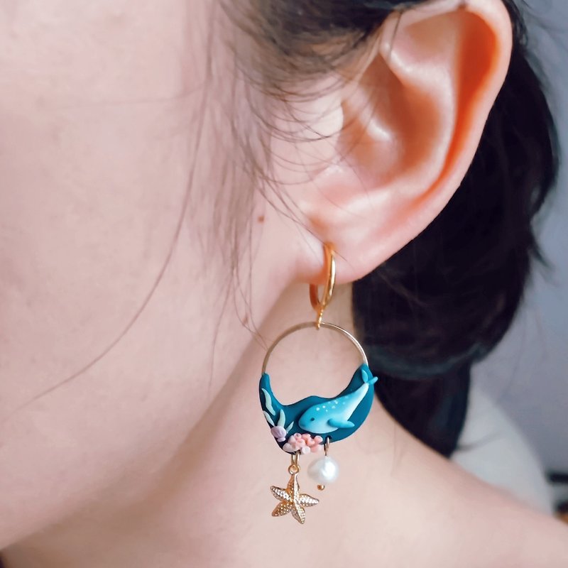 bi creature //Seafood whale shark coral starfish pearl handmade clay earrings - Earrings & Clip-ons - Clay Blue