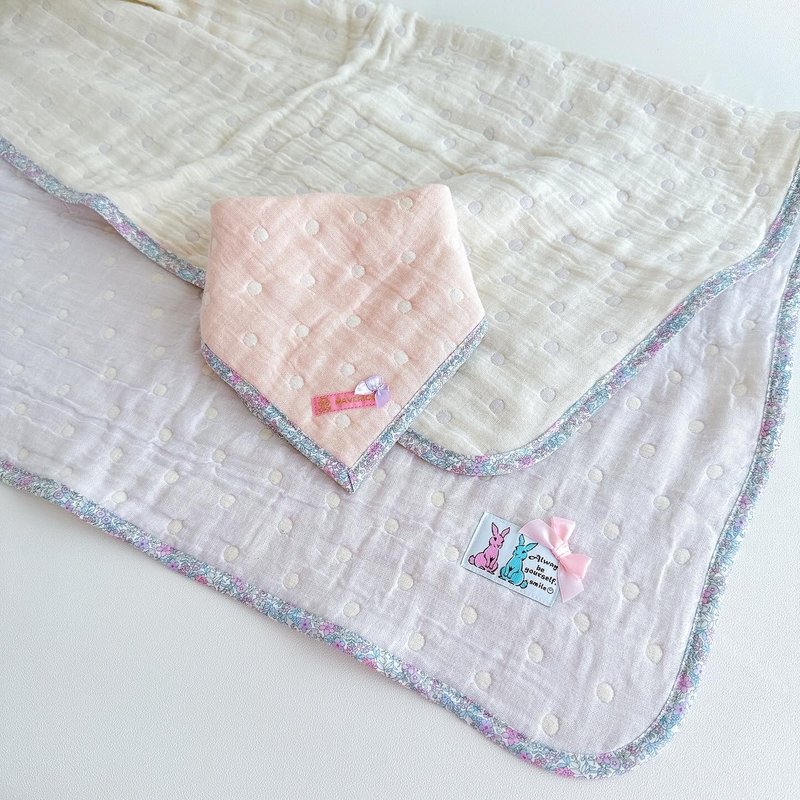 Pre-wrapped baby gift set - Japanese-made fluffy 6-ply gauze blanket and handkerchief bib set Lavender Polka dot pattern, girl, small floral pattern, rabbit, multi-ticket - Baby Gift Sets - Cotton & Hemp Purple