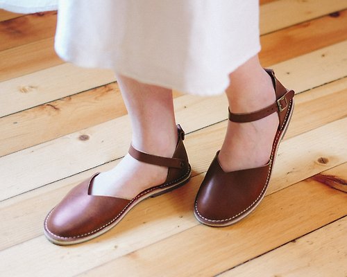 Crupon 棕色皮革涼鞋、夏季涼鞋、皮革涼鞋、皮革平底鞋、夏季平底鞋