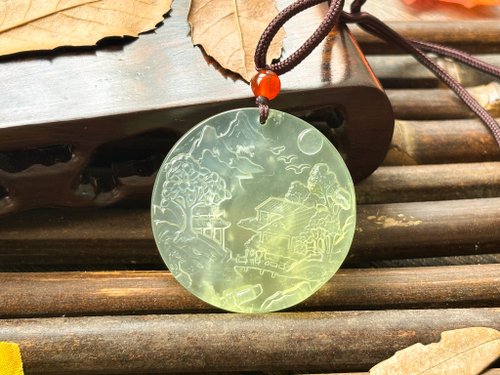 LifelikeDream Handmade 【一物一圖】天然 岫玉綠冰山水雕刻 圓牌 吊墜 項鍊
