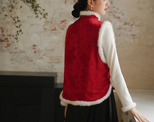 初蟬 新中式 紅色夾棉外套中國風對襟提花上衣氣質水貂毛背心