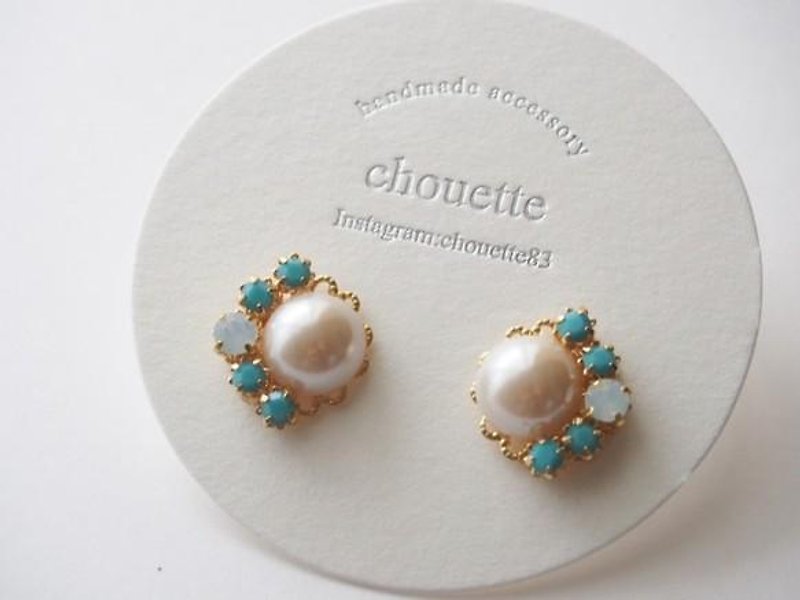 Pearl Bijou earrings and pierced turquoise - Earrings & Clip-ons - Other Metals 