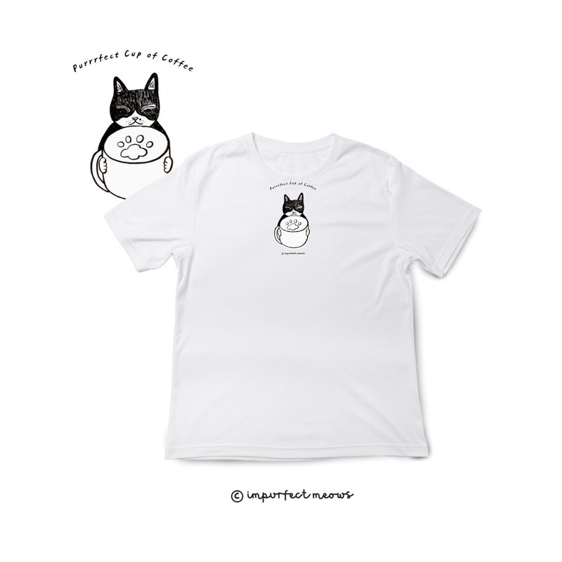 不完美貓咪 Impurfect Meows | 咖啡貓T-Shirt - 女 T 恤 - 棉．麻 白色