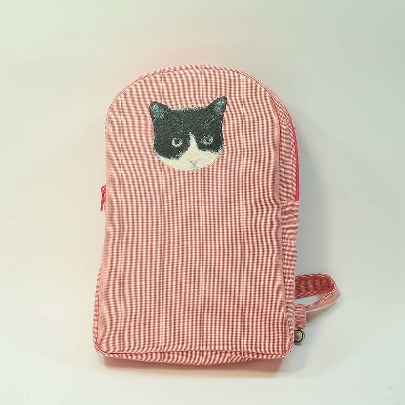Embroidery shoulder bag backpack 05 - black and white cat - Backpacks - Cotton & Hemp Red