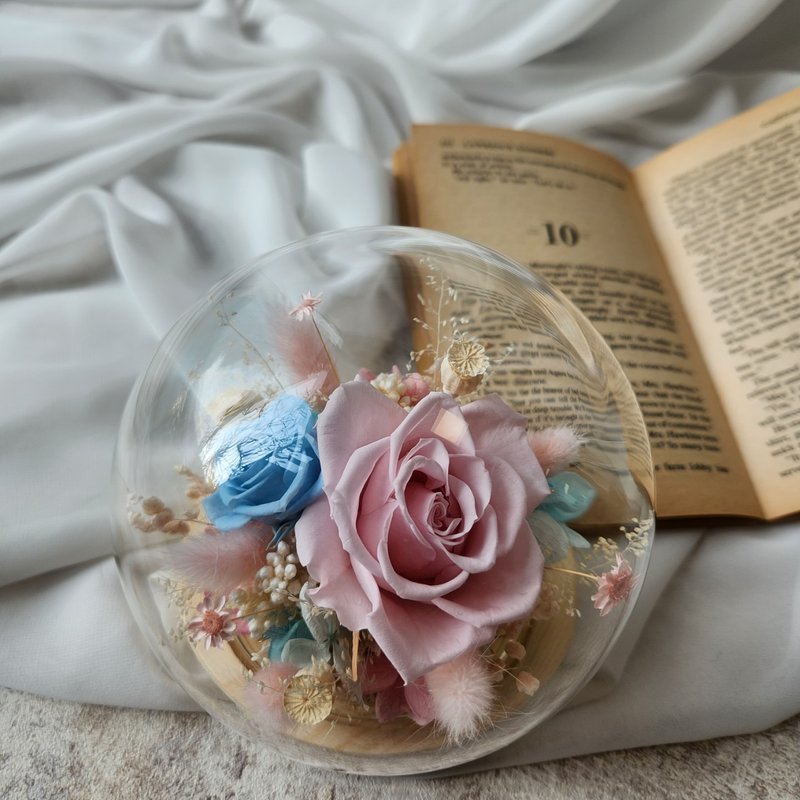 Glass flower clock pink blue eternal rose holiday gift birthday gift - ช่อดอกไม้แห้ง - พืช/ดอกไม้ หลากหลายสี