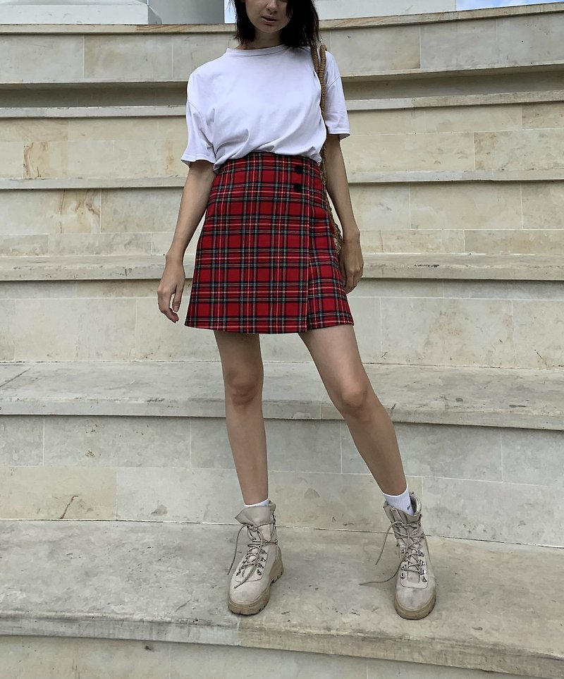 Red Plaid Mini Wrap Skirt, Preppy A Line Tartan Schoolgirl Miniskirt - Skirts - Wool Red