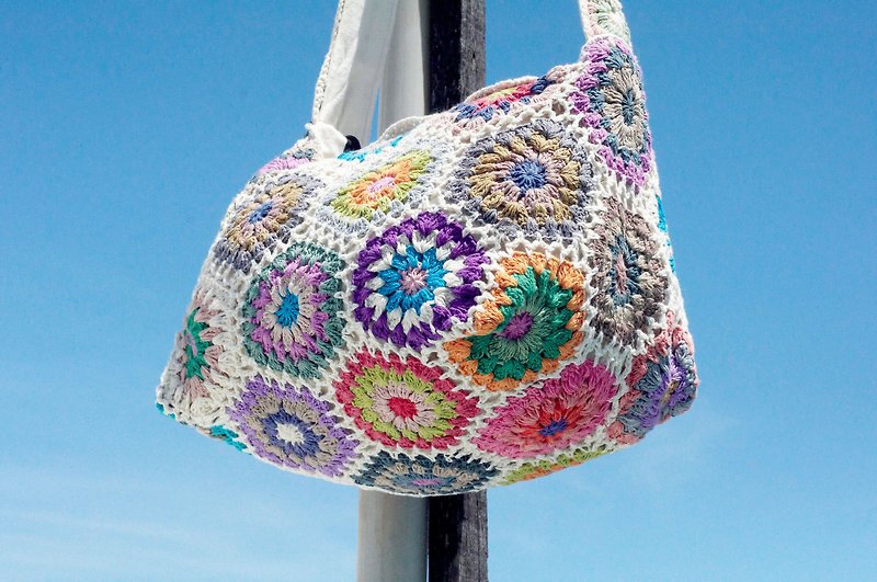 Hand crocheted side backpack shoulder bag tote bag cross-body bag knitted bag-Nordic flower crochet - Messenger Bags & Sling Bags - Cotton & Hemp Multicolor