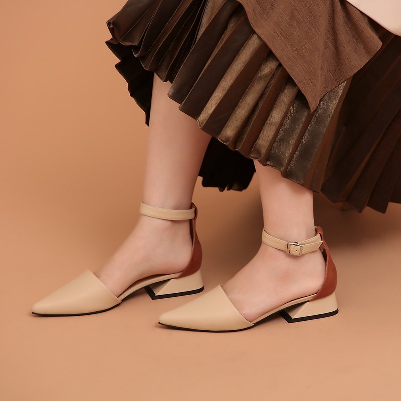 High-capacity pointed-toe shoes! Hetero-color leather lace-up heel shoes beige full leather MIT-turmeric - รองเท้าหนังผู้หญิง - หนังแท้ สีเหลือง