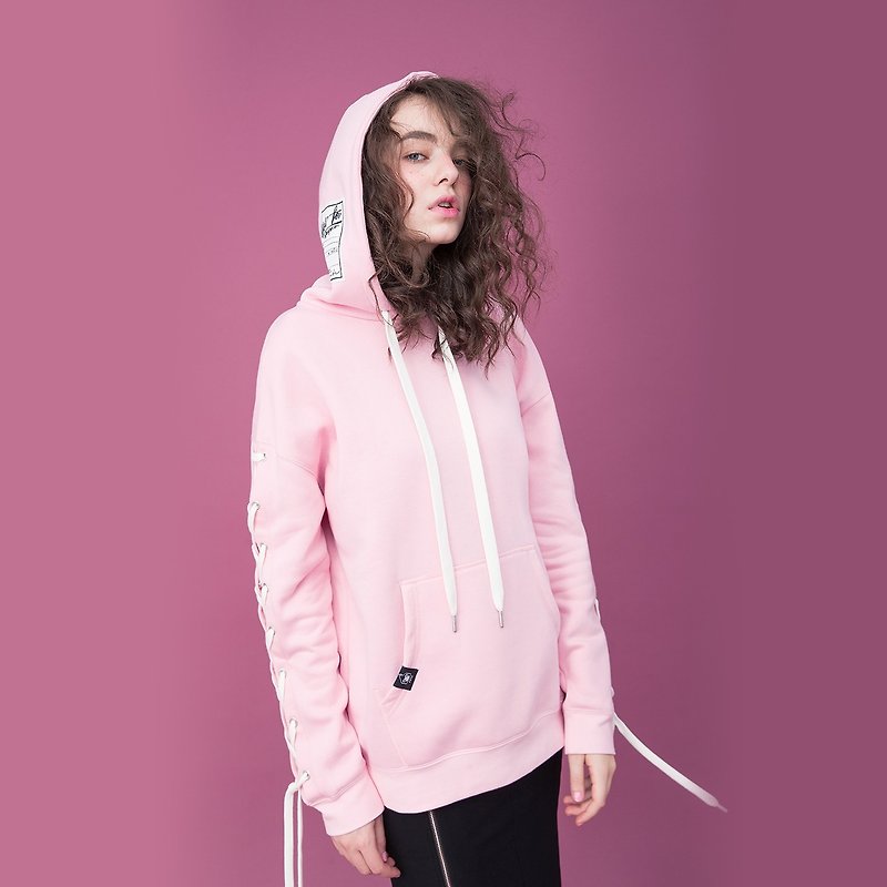 Unisex  Lace-up Sleeve Hoodie - Women's Tops - Cotton & Hemp Pink