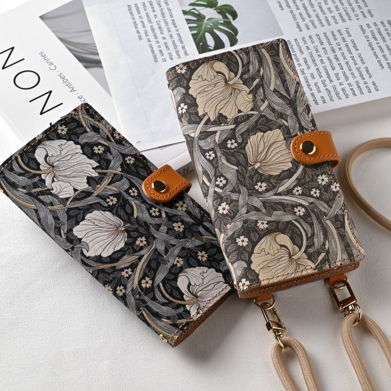 全機種対応 手帳型 スマホケース 【 エボニースイート ピンパネル 】 ゴールドパーツ スマホショルダー 落下防止 花柄 A303I - 手機殼/手機套 - 真皮 黑色