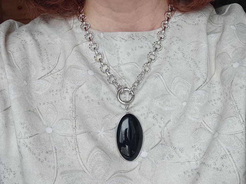 Black agate pendant necklace beaded laconic - 項鍊 - 寶石 黑色