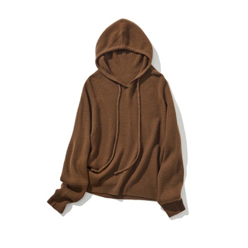 Natural-looking knit hoodie with hood, 100% wool, brown, 231018-4 - เสื้อผู้หญิง - ขนแกะ 