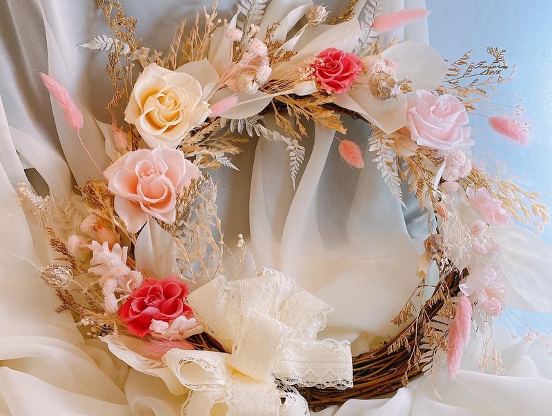 Feminine dream color matching sweet honey immortal flower wreath lace French festival - ตกแต่งผนัง - พืช/ดอกไม้ สึชมพู