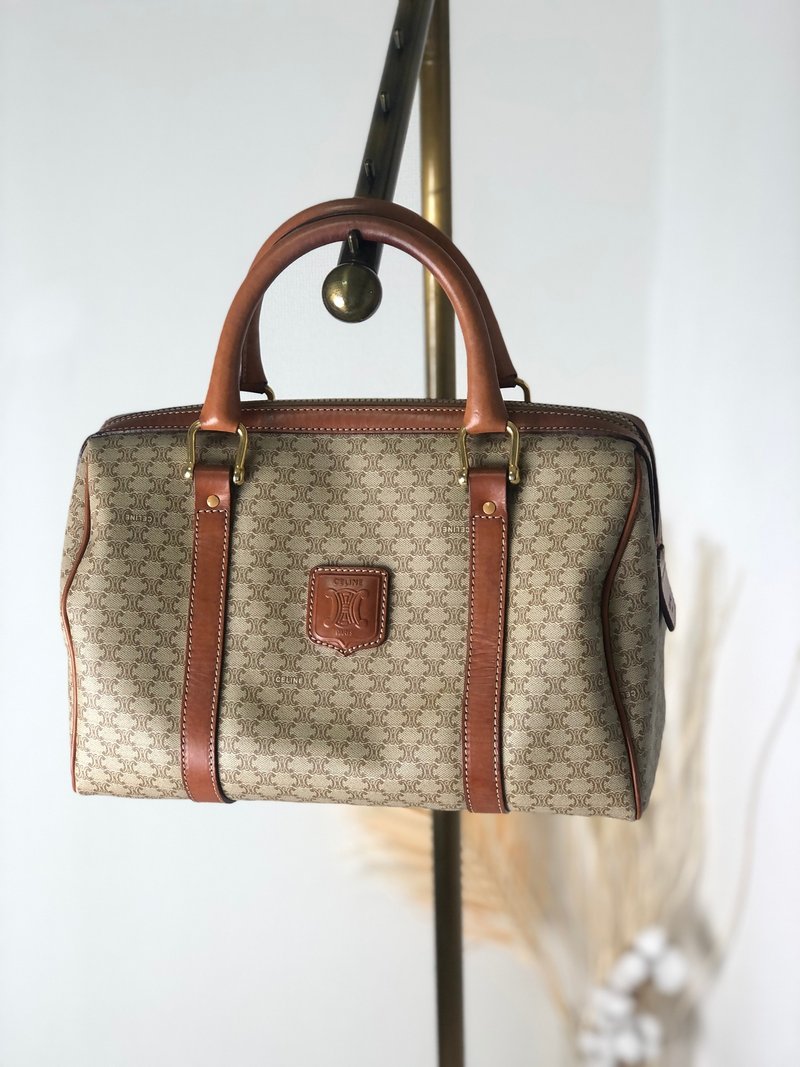 【 日本直送　名牌中古包 】CELINE セリーヌ マカダム ブラゾン型押し レザー ボストンバッグ キーポル ハンドバッグ ベージュ wz4rjk - 手提包/手提袋 - 真皮 咖啡色