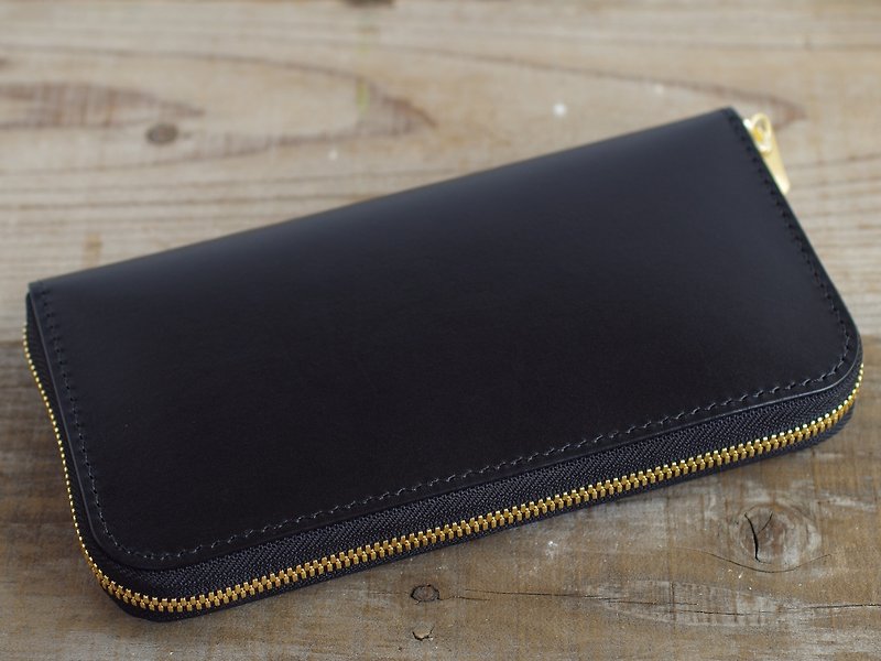 Hand-sewn zipper Wallet Black × navy - กระเป๋าสตางค์ - หนังแท้ สีดำ