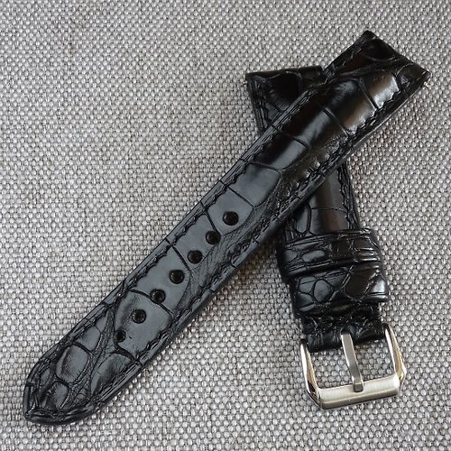 Leoni handmade Black Alligator leather watch strap, genuine Crocodile watchband 18 - 24mm
