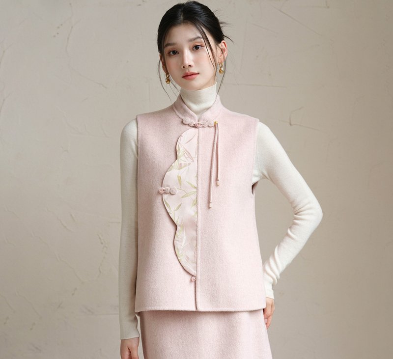 【羊毛雙面】新中式復古中國風 花式斜襟背心/半裙 - 背心/無袖上衣 - 其他材質 粉紅色