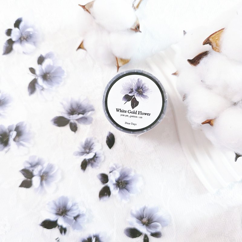 White Gold Flower Masking Tape - 紙膠帶/和紙/PET - 其他材質 白色