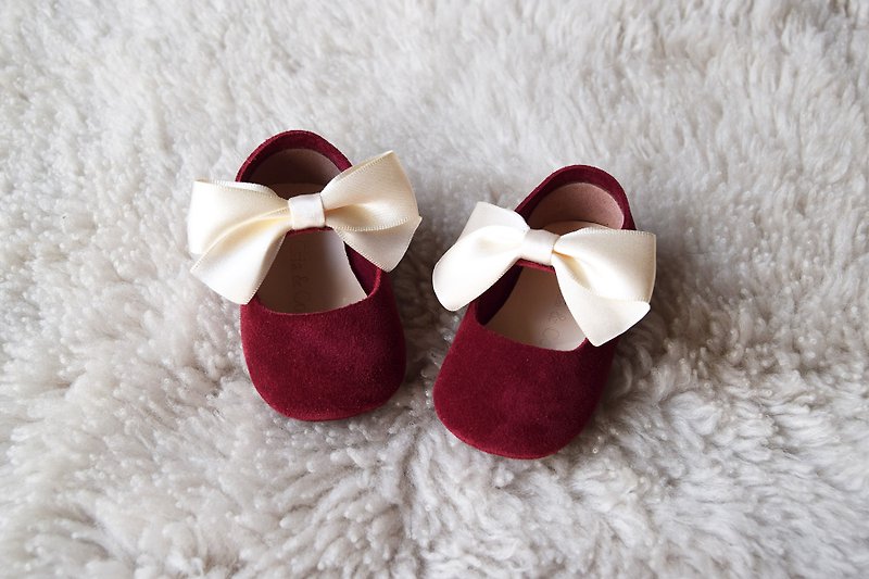 Burgundy Baby Girl Shoes with White Bow, Baby Moccasins, Baby Booties - Baby Shoes - Genuine Leather Red