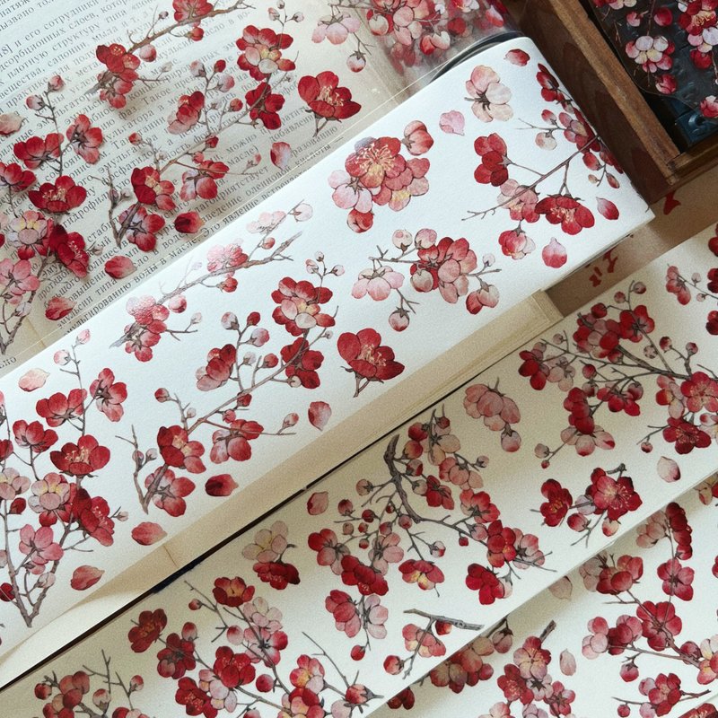 Dyeing red plum こうしんばら vintage floral PET washi tape - Washi Tape - Other Materials Red