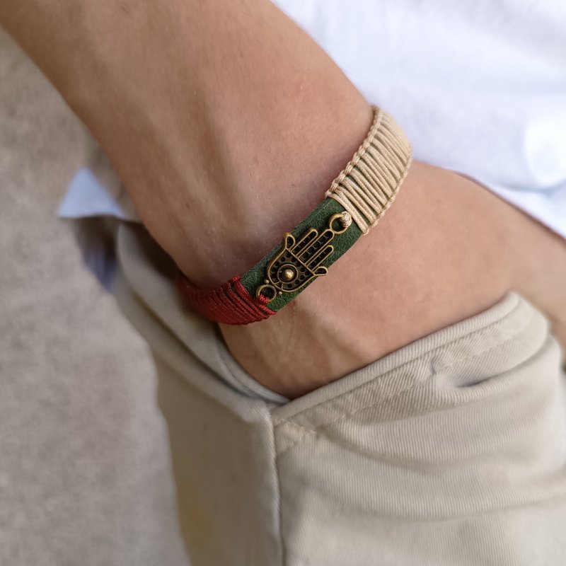 Hamsa Hand Handmade Leather Bracelet with Macrame, Green Bronze Burgundy Red - 手鍊/手環 - 真皮 綠色