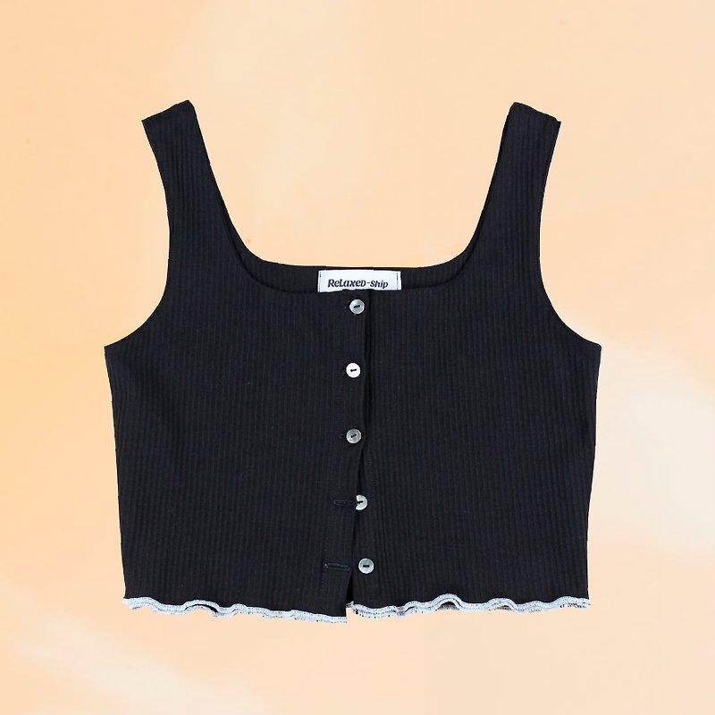 Breasted Tank Short Vest-Black - เสื้อกั๊กผู้หญิง - ผ้าฝ้าย/ผ้าลินิน สีดำ