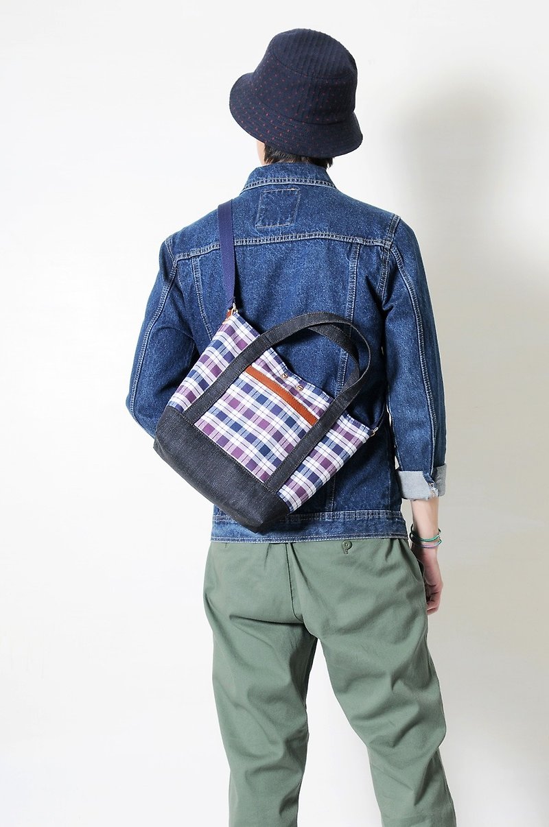 Seasonal Special CHECK-Hand-made Leather Denim Flannel Portable/Slanted Back/Tablet Bag - กระเป๋าแมสเซนเจอร์ - ผ้าฝ้าย/ผ้าลินิน สีม่วง