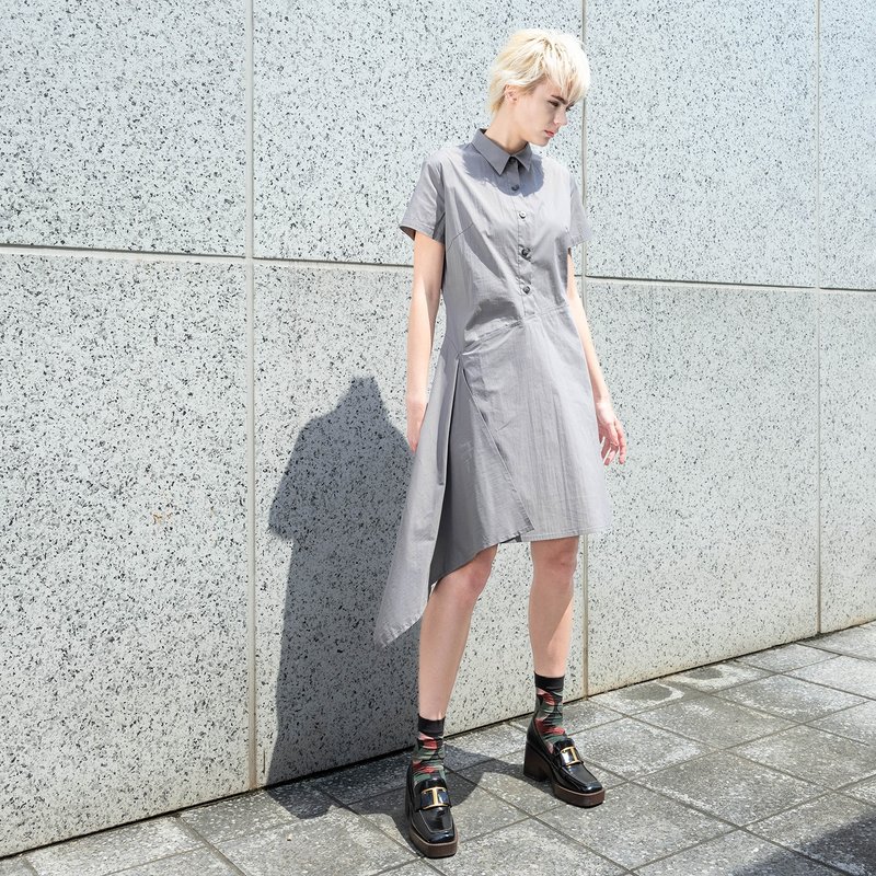 Casual slanted asymmetrical dress - ชุดเดรส - ผ้าฝ้าย/ผ้าลินิน สีเทา