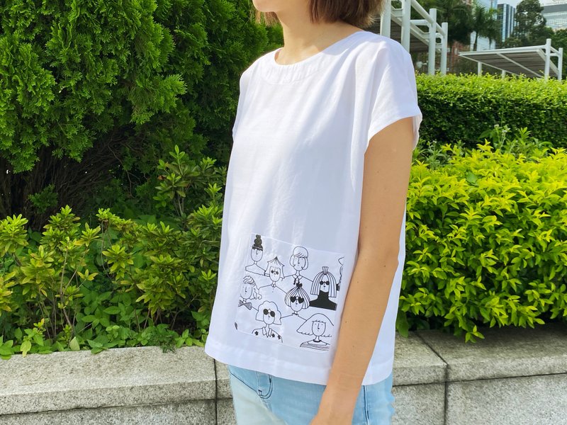 Black and White Print Pocket Top - เสื้อผู้หญิง - ผ้าฝ้าย/ผ้าลินิน ขาว