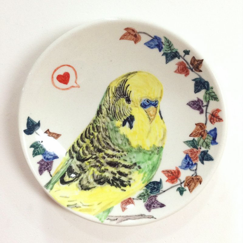 Tiger skin love sweet potato leaf ring-[custom text] parrot hand-painted small plate - จานเล็ก - เครื่องลายคราม สีเหลือง